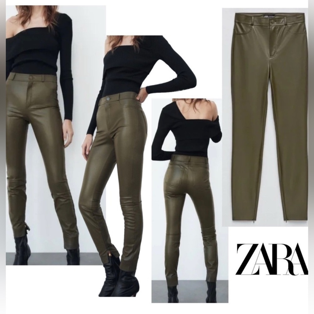 Zara olive khaki green faux leather high-rise leggings Sz M NWOT pleather vegan